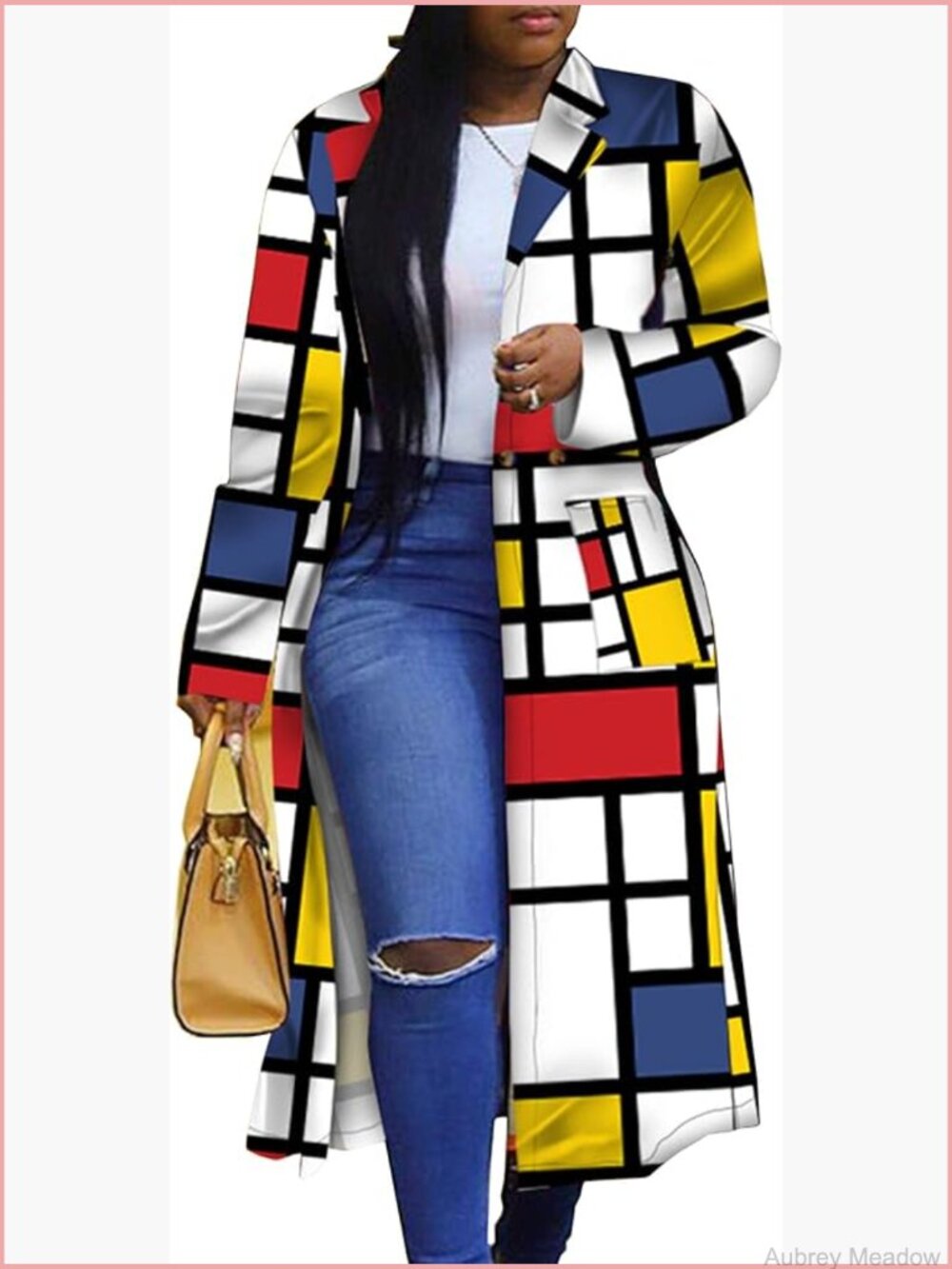 Double Breasted Trench Coat with Geometric Pattern Turn Down Collar